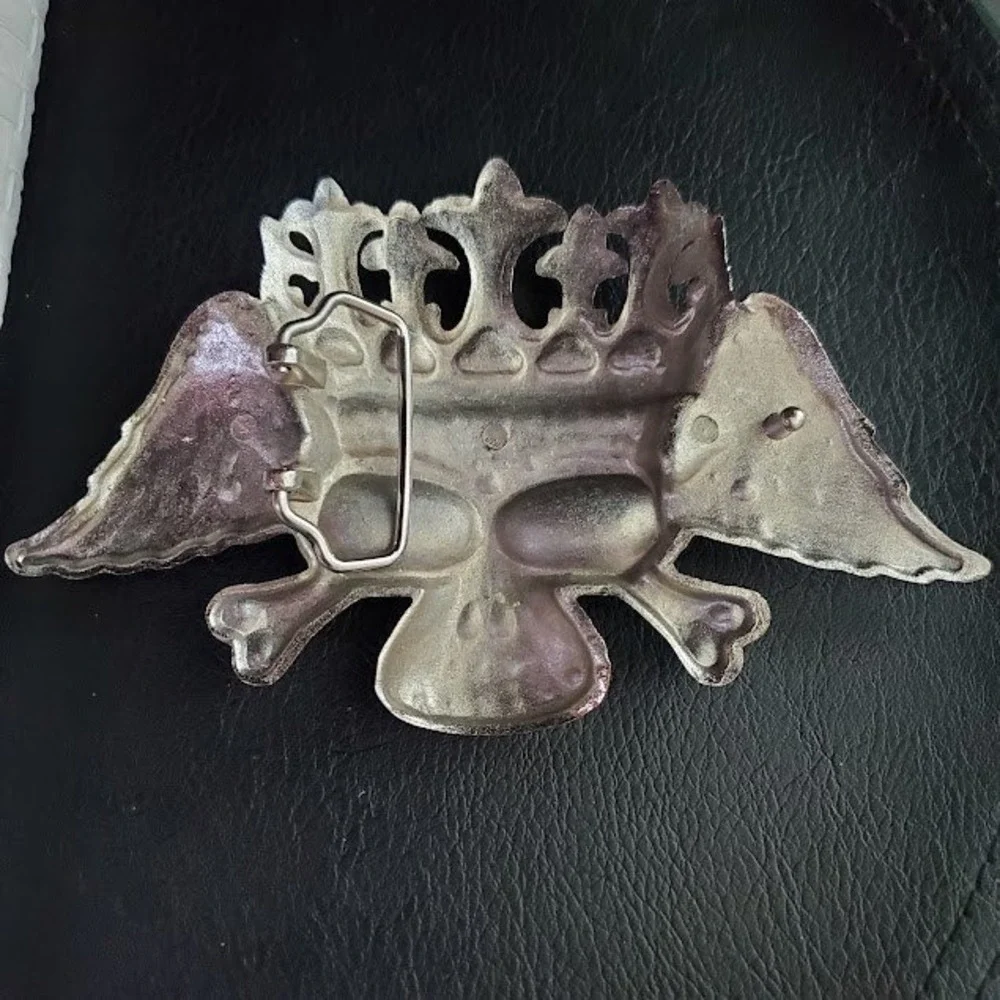 Winged Skull Crown Belt Buckle Red Clear Rhinestone Biker Gothic Silver Tone